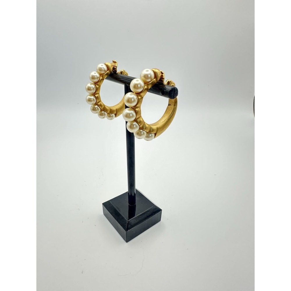Vintage Signed Monet Gold Tone Faux Pearl Channel Half Hoop Clip On Earrings